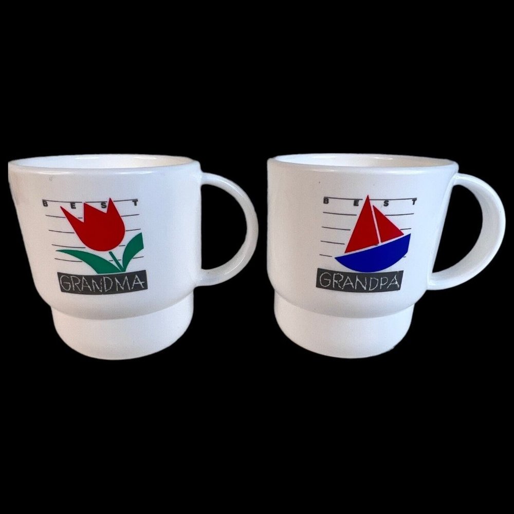 2 Tupperware Best Grandma & Grandpa Coffee Mugs White Cups Set Lot Vintage Tulip